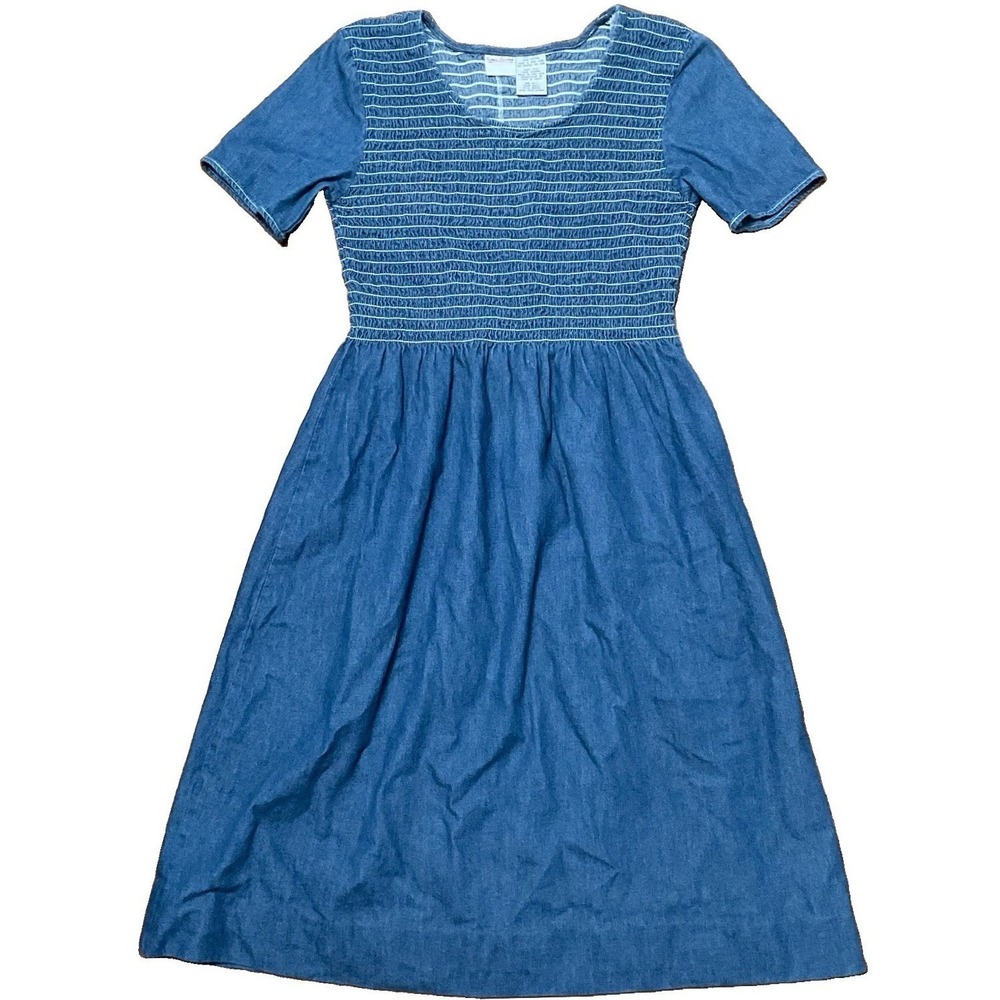 Vintage 90s  Bobbie Brooks Cotton Denim Blue Midi Dress  Smocked 4/6 Small